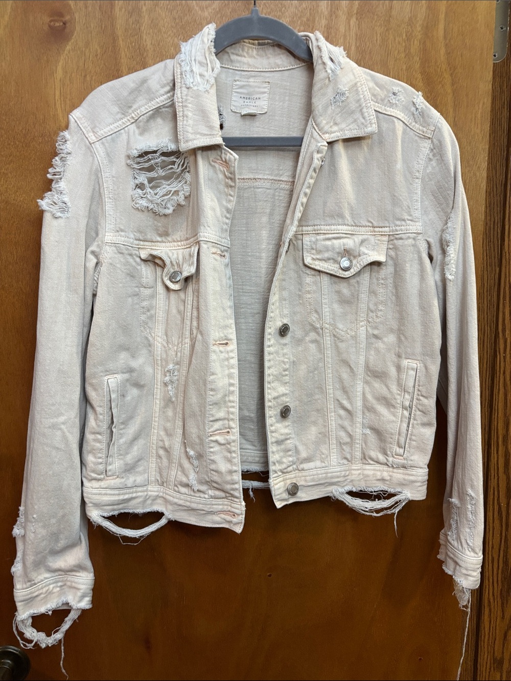 American Eagle Outfitters light pink  Distressed Denim Jacket - Women's
